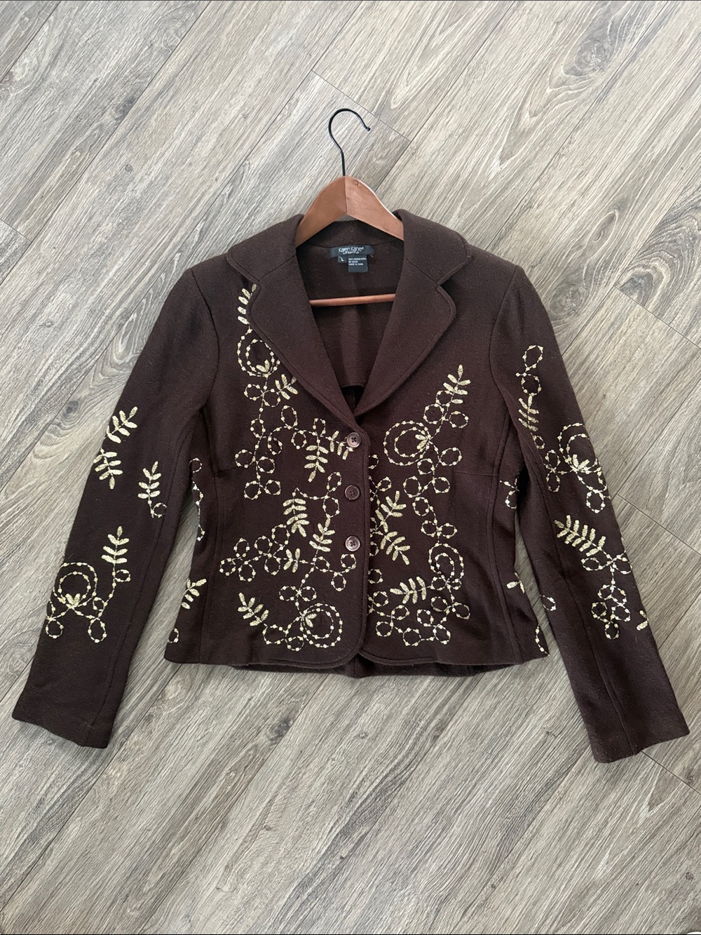 Karen Kane Wool Dark Brown Embroidered Women's Blazer Jacket Sz L - Picture 3 of 7